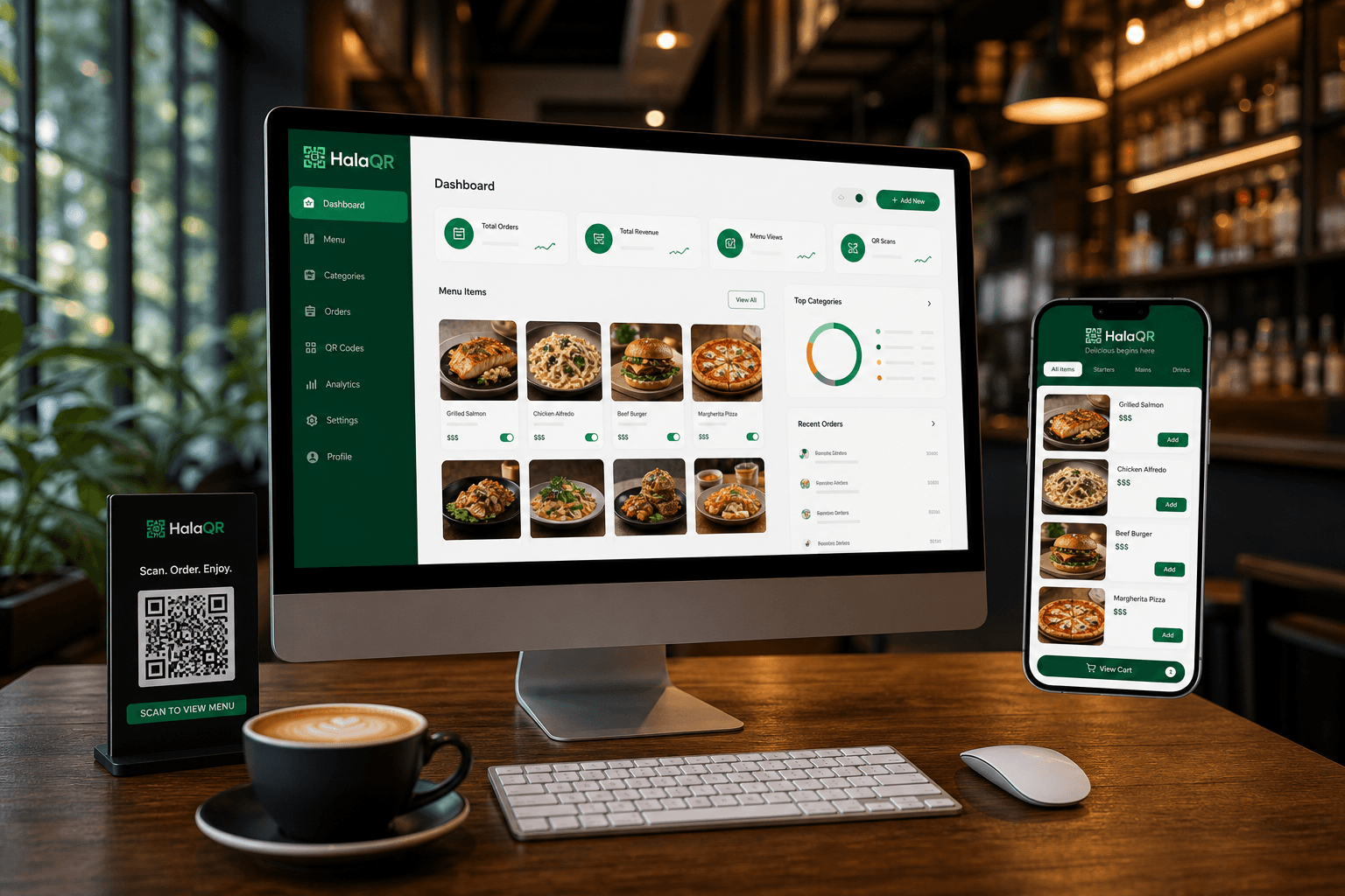 HalaQR restaurant dashboard on desktop and mobile QR menu in a café